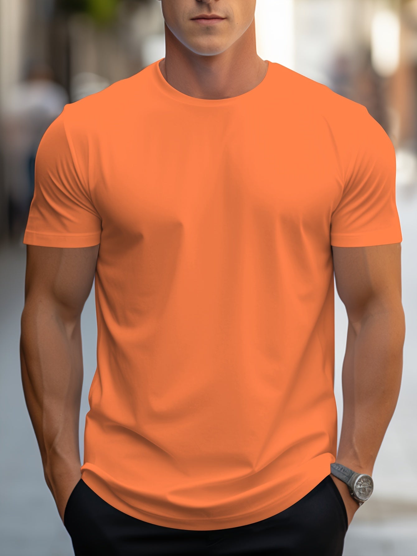 T-shirt Simple De Couleur Unie, T-shirt Décontracté À Col Rond Extensible Pour Hommes Pour L'été