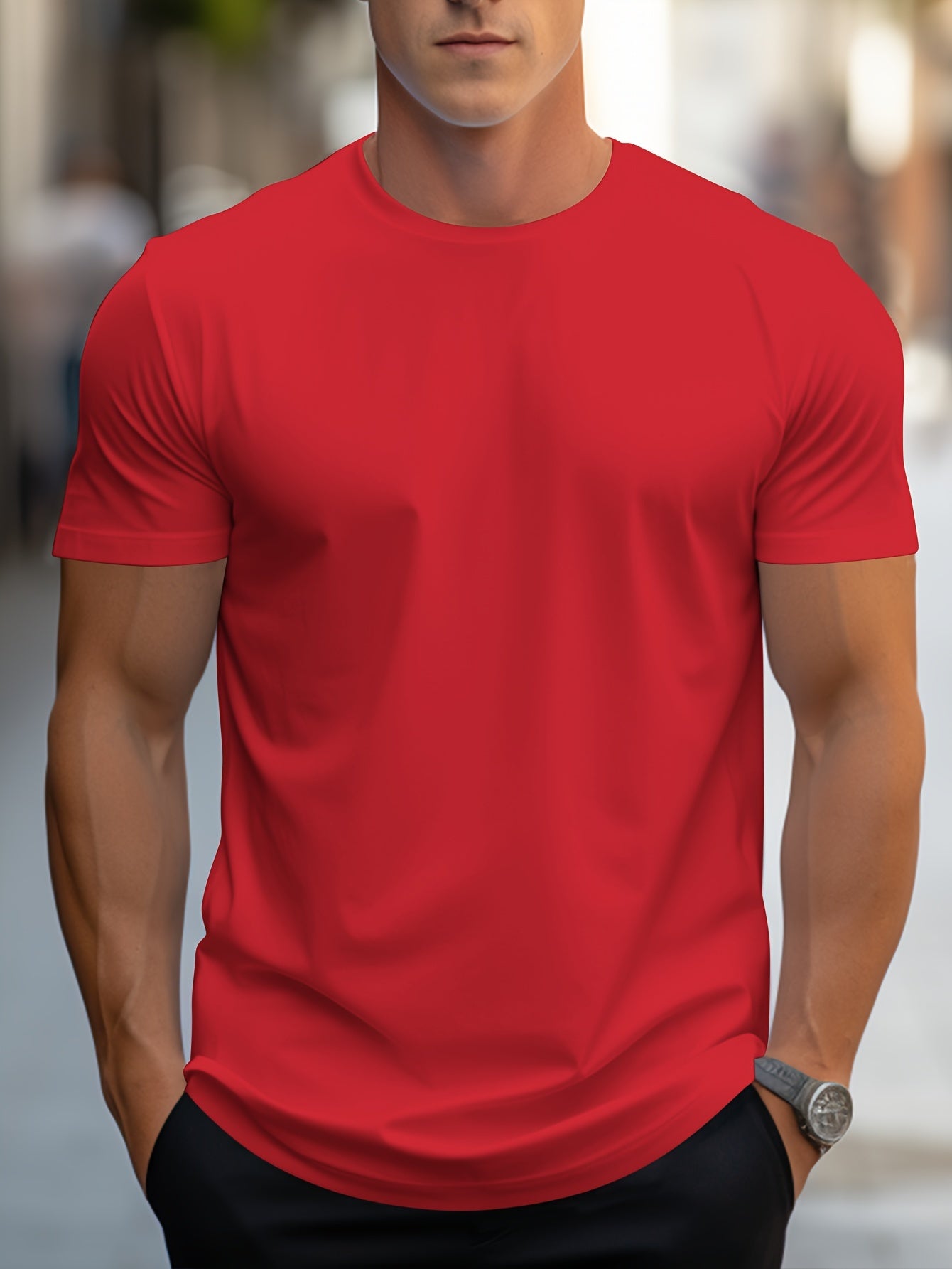 T-shirt Simple De Couleur Unie, T-shirt Décontracté À Col Rond Extensible Pour Hommes Pour L'été