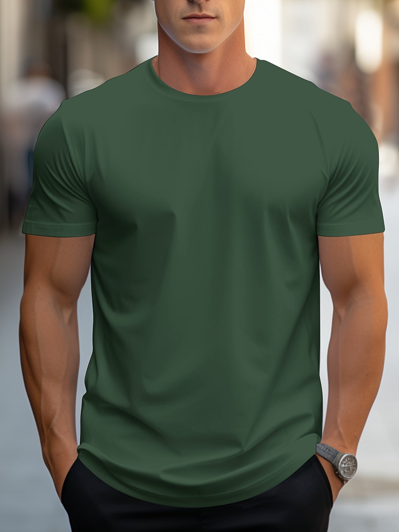 T-shirt Simple De Couleur Unie, T-shirt Décontracté À Col Rond Extensible Pour Hommes Pour L'été