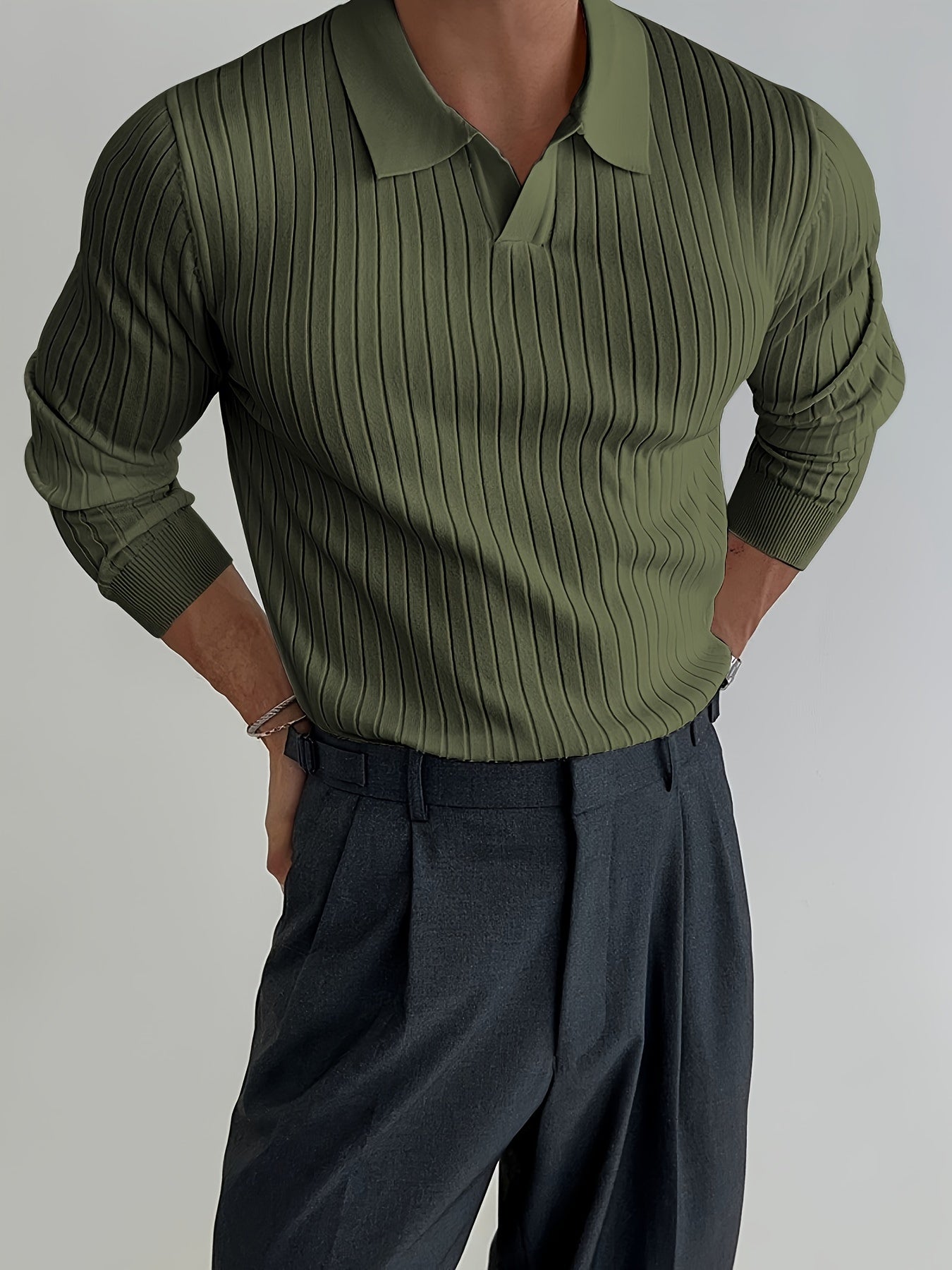 Chemise En Tricot Chic Et Unie, Pull Décontracté À Revers Légèrement Extensible À Col En V Pour Hommes Pour L'automne Et L'hiver