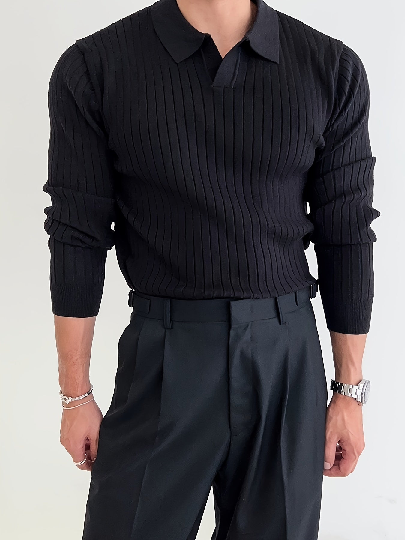 Chemise En Tricot Chic Et Unie, Pull Décontracté À Revers Légèrement Extensible À Col En V Pour Hommes Pour L'automne Et L'hiver