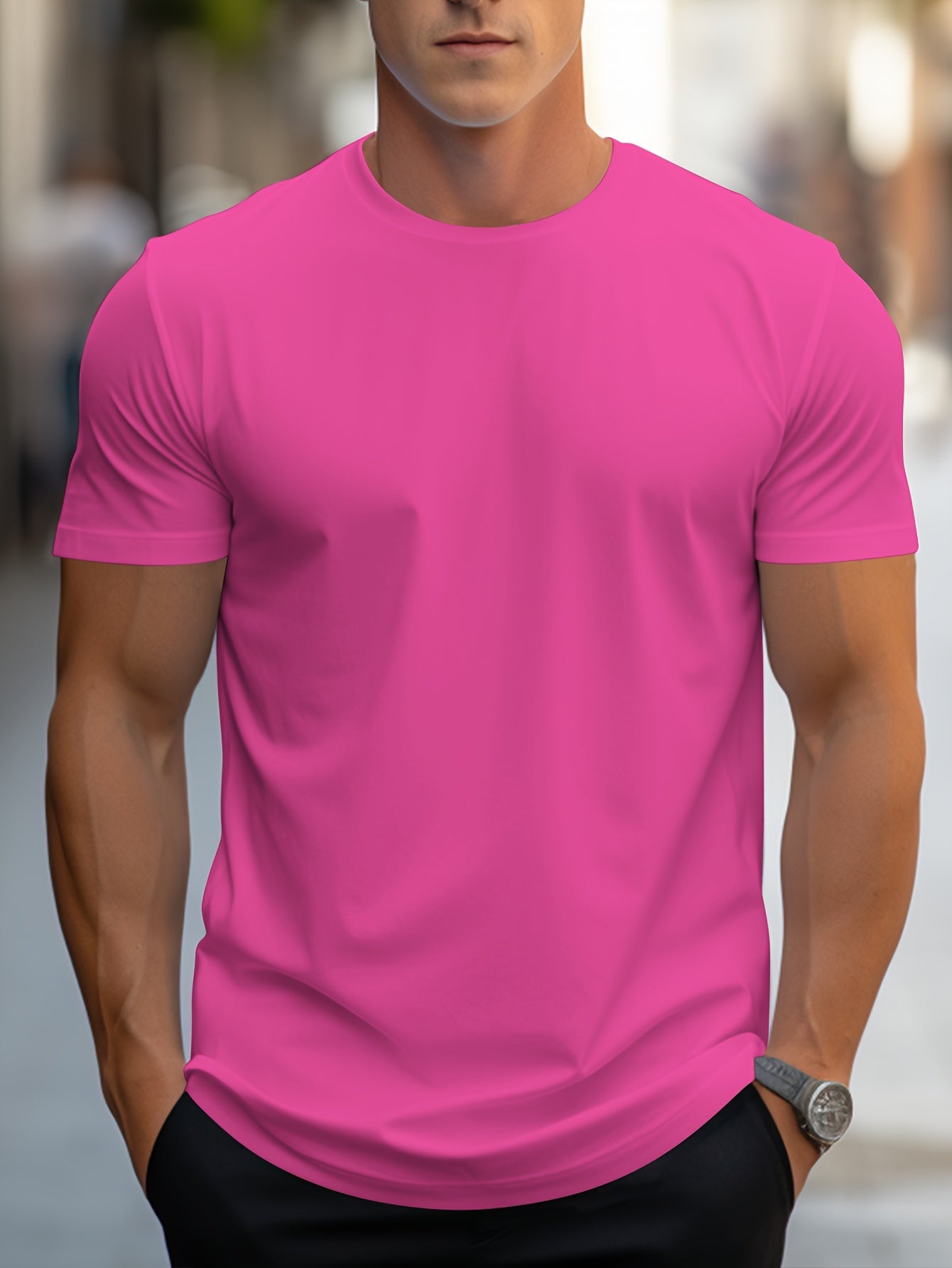 T-shirt Simple De Couleur Unie, T-shirt Décontracté À Col Rond Extensible Pour Hommes Pour L'été