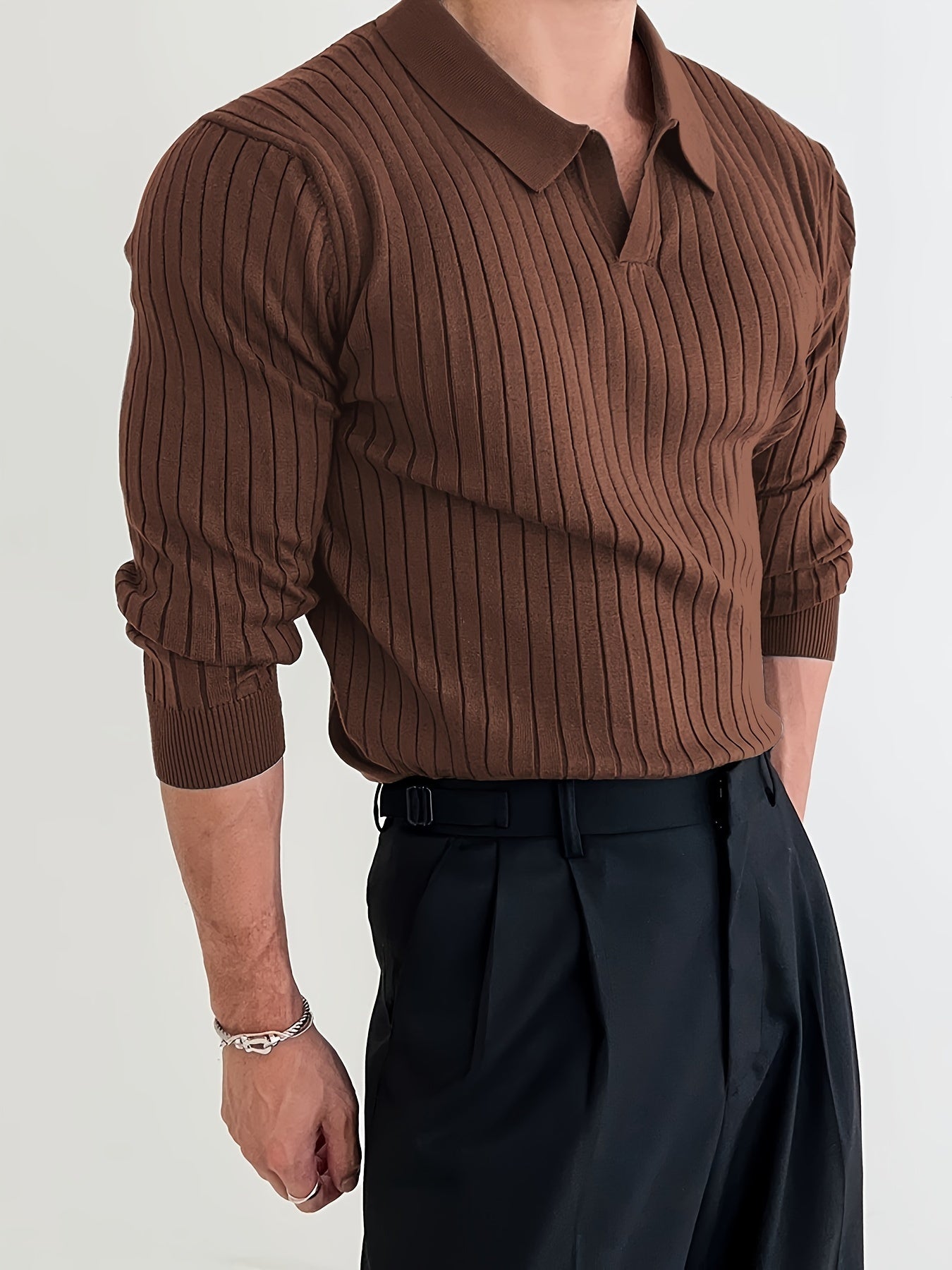 Chemise En Tricot Chic Et Unie, Pull Décontracté À Revers Légèrement Extensible À Col En V Pour Hommes Pour L'automne Et L'hiver