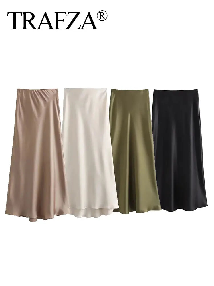 TRAFZA-Jupe Longue en Satin pour Femme, Élégante, Couleur Unie, Chic, Taille Haute, Slim, Mode Féminine, InjBergame, Mi-Longue, Moulante, Y2K