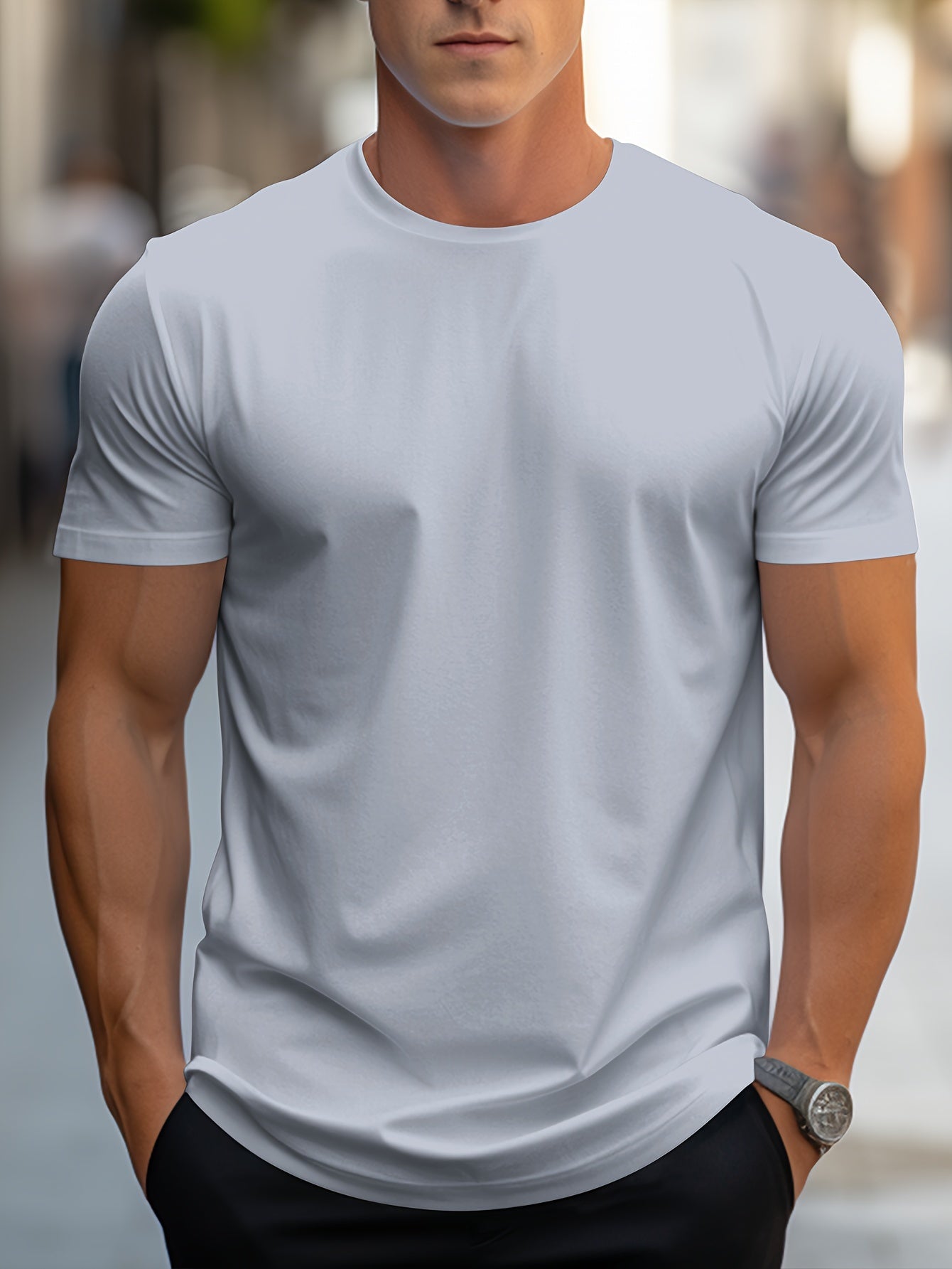 T-shirt Simple De Couleur Unie, T-shirt Décontracté À Col Rond Extensible Pour Hommes Pour L'été