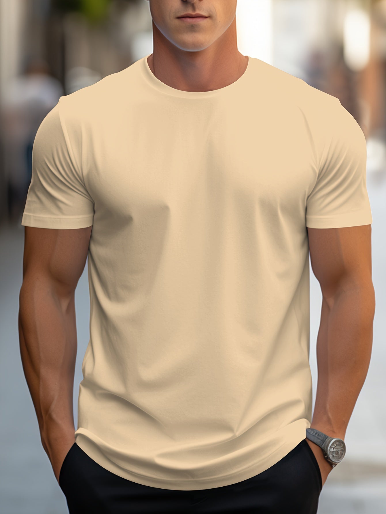 T-shirt Simple De Couleur Unie, T-shirt Décontracté À Col Rond Extensible Pour Hommes Pour L'été