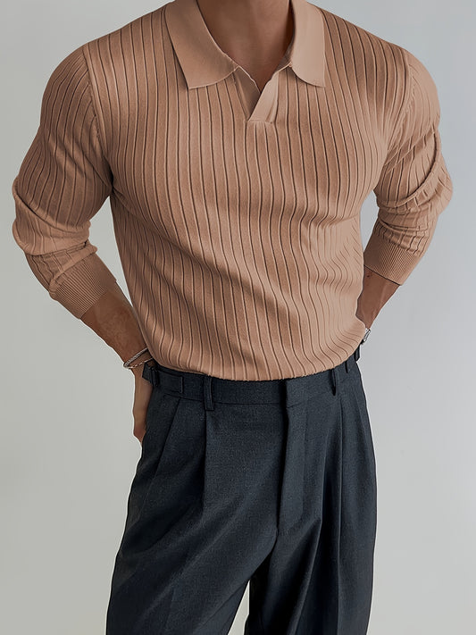 Chemise En Tricot Chic Et Unie, Pull Décontracté À Revers Légèrement Extensible À Col En V Pour Hommes Pour L'automne Et L'hiver