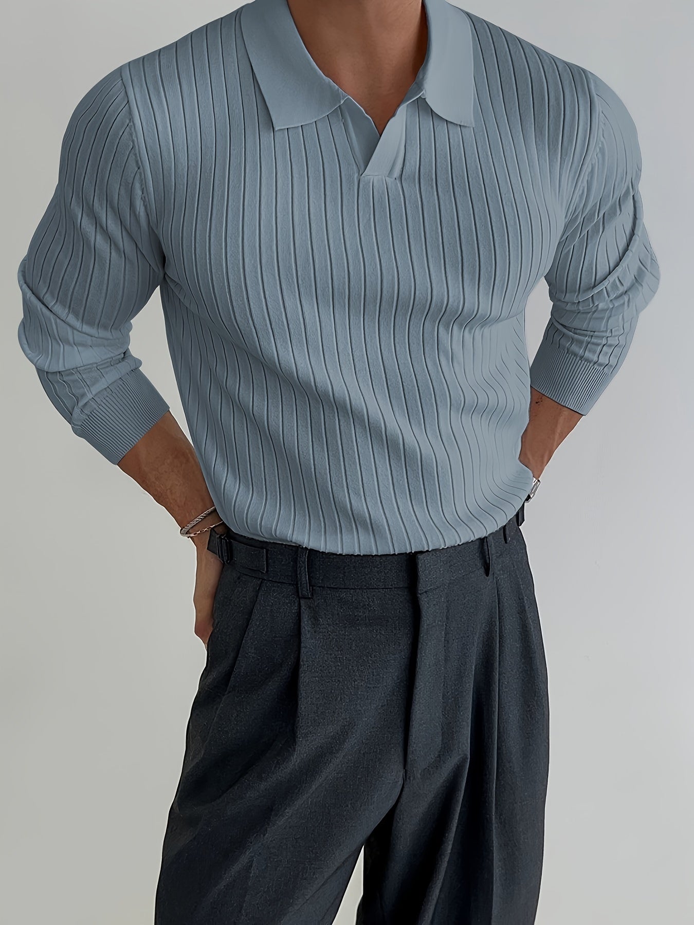 Chemise En Tricot Chic Et Unie, Pull Décontracté À Revers Légèrement Extensible À Col En V Pour Hommes Pour L'automne Et L'hiver