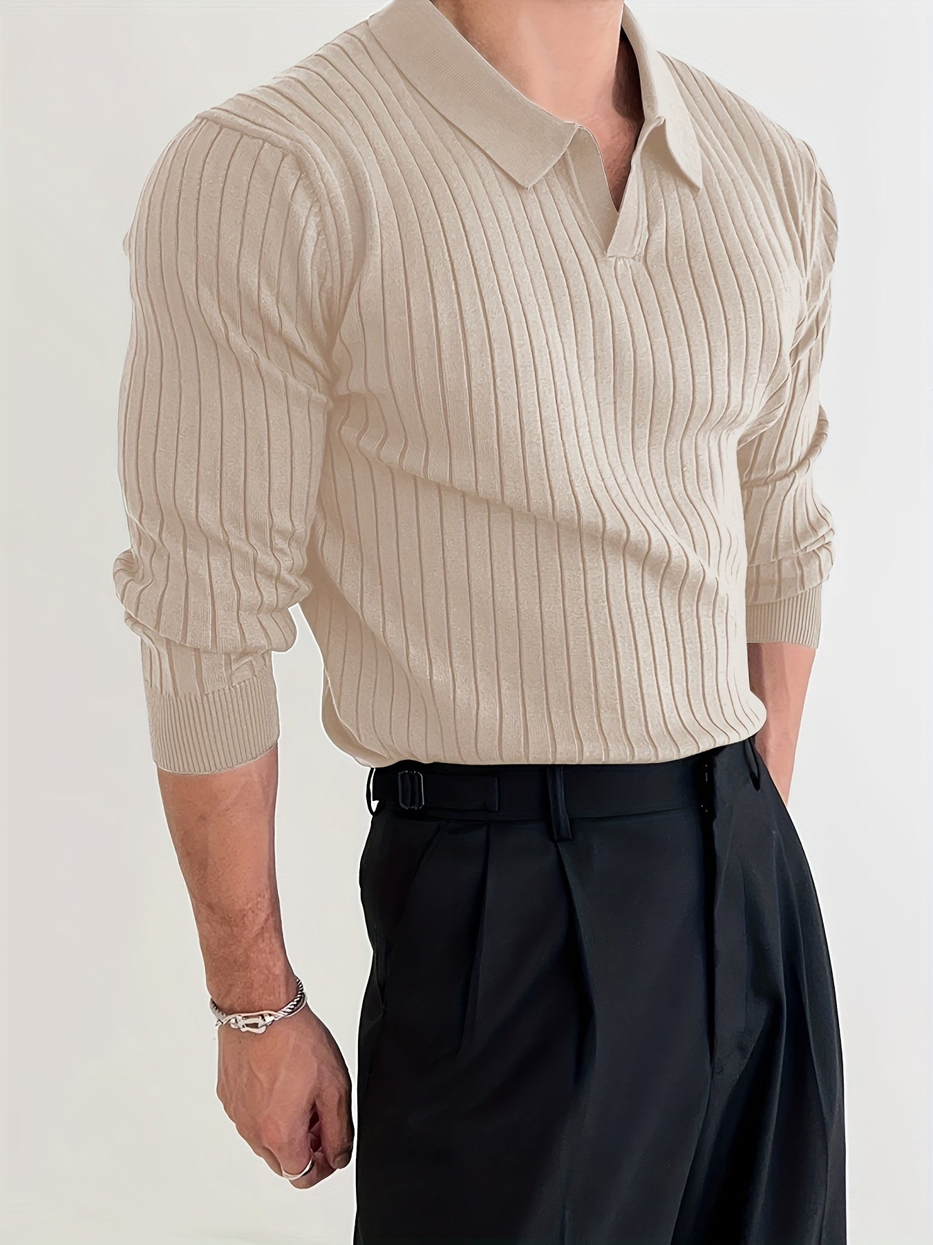 Chemise En Tricot Chic Et Unie, Pull Décontracté À Revers Légèrement Extensible À Col En V Pour Hommes Pour L'automne Et L'hiver